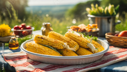 Deliciously Grilled Corn on a Rustic Wooden Table: A Tasty and Healthy Vegetarian Barbecue Snack