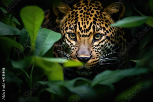Intense gaze of a hidden jaguar in the wild suitable for wildlife awareness campaigns