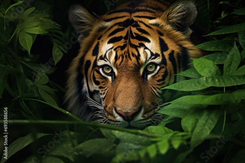 Close-up of a Tiger Camouflaged in Lush Green Foliage © Made360