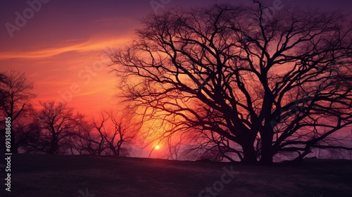 As daylight fades  the trees become a silhouette against the radiant colors of a beautiful spring sunset.
