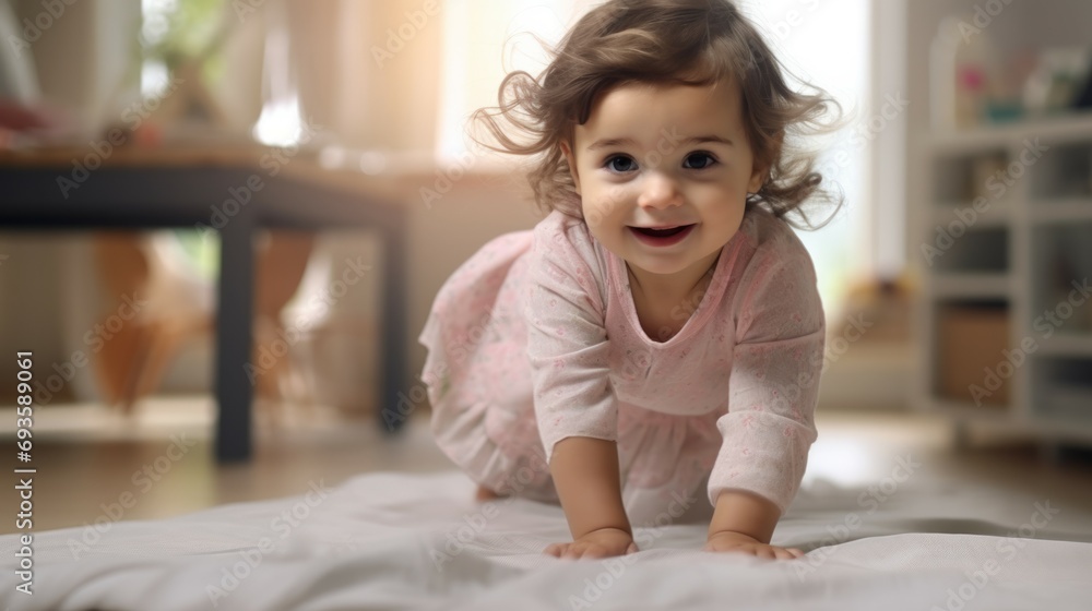Cute little baby looking at the camera and learning to crawl on the floor in a bright living room. card, banner, health, space for text. High quality photo Cute little baby looking at the camera and learning to crawl on the floor in a bright living room. card, banner, health, space for text. High quality photo