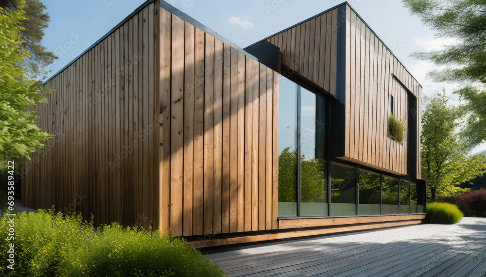 Fototapeta premium Modern Wood-Clad Luxury Home with Green Lawn and Sky View