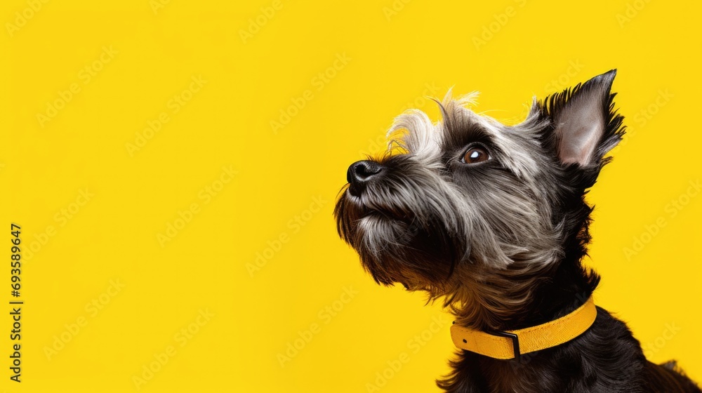 Cute banner with a dog looking up on solid yellow background