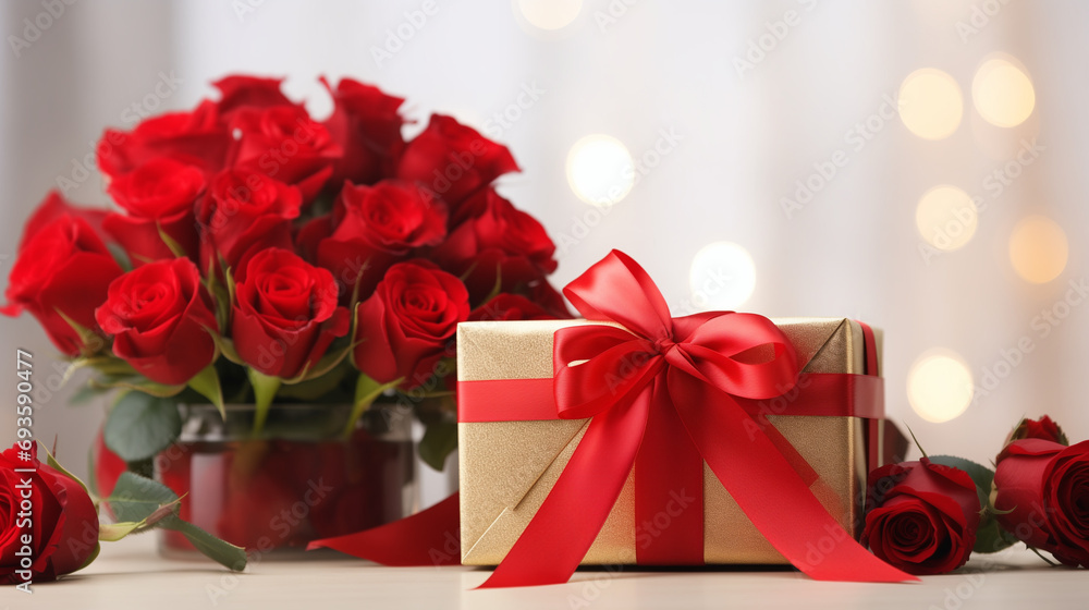 Bouquet adorned with velvety red rose petals and a beautifully wrapped gift, set against a pristine white background for an elegant and heartfelt celebration Bouquet adorned with velvety red rose petals and a beautifully wrapped gift, set against a pristine white background for an elegant and heartfelt celebration