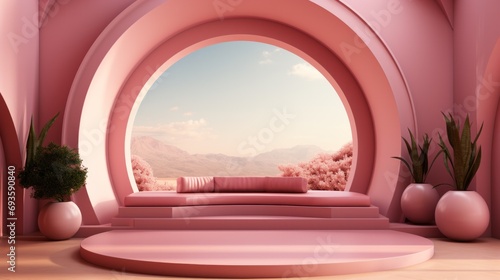 Background products minimal podium scene on nature podium for products in pink color in cute style 3D render.