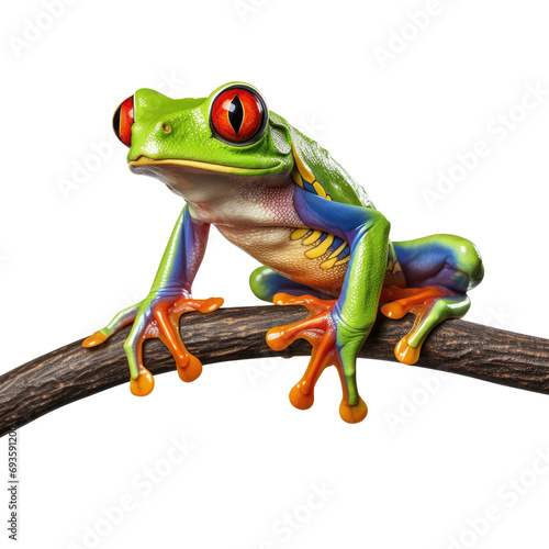 Red eyed tree frog on a branch on white or transparent background