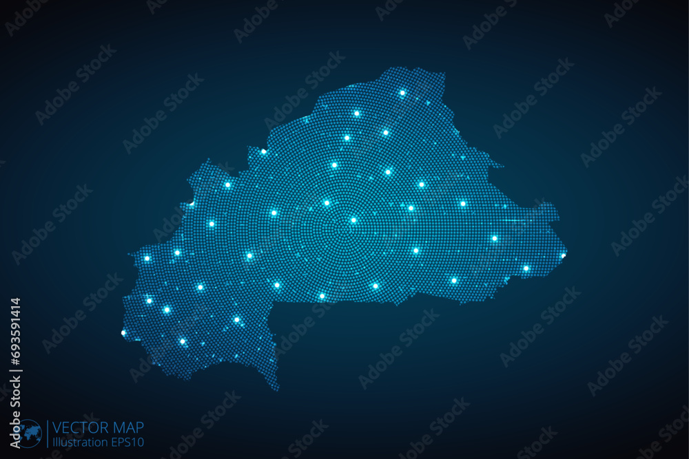 Burkina Faso map radial dotted pattern in futuristic style, design blue circle glowing outline made of stars. concept of communication on dark blue background. Vector illustration EPS10