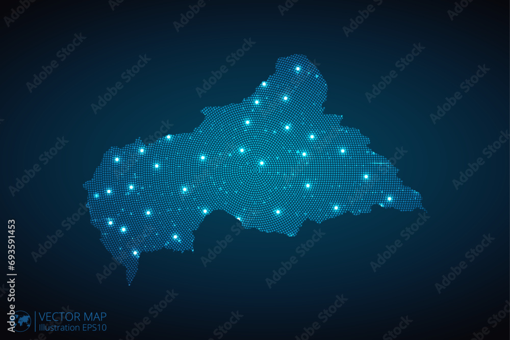 Central African Republic map radial dotted pattern in futuristic style, design blue circle glowing outline made of stars. concept of communication on dark blue background. Vector illustration EPS10