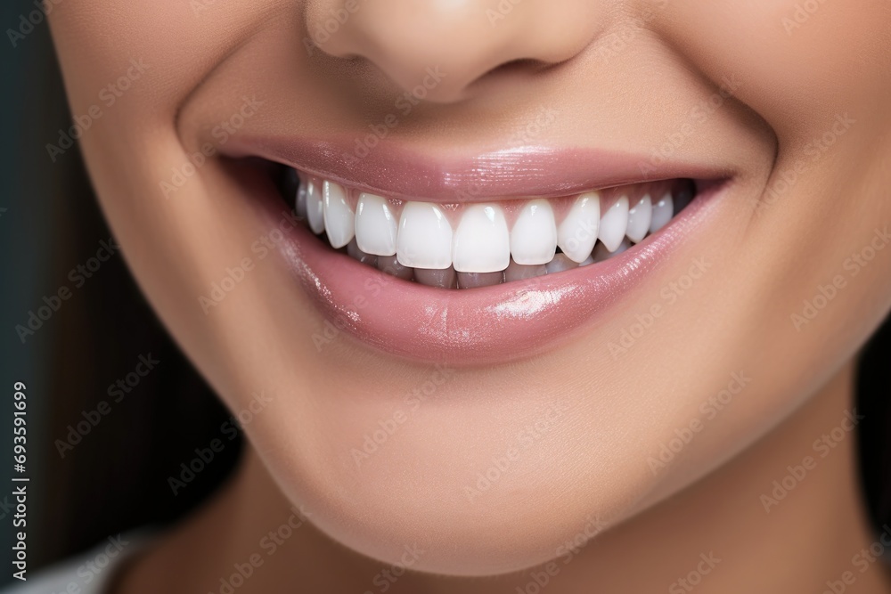 Illustration of a beautiful smile of a woman with healthy white teeth, tooth care concept. Generative AI Illustration of a beautiful smile of a woman with healthy white teeth, tooth care concept. Generative AI