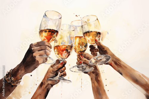 Watercolour style illustration of people toasting with champagne or wine glasses. Generative ai photo