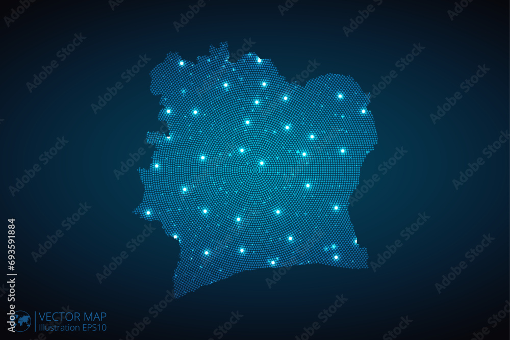 Ivory Coast map radial dotted pattern in futuristic style, design blue circle glowing outline made of stars. concept of communication on dark blue background. Vector illustration EPS10