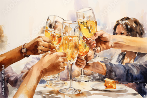Watercolour style illustration of people toasting with champagne or wine glasses. Generative ai