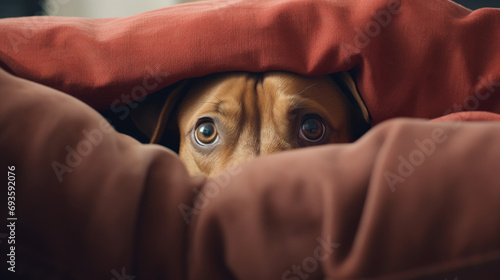 Scared dog hiding under blanket. Animal rights awareness background
