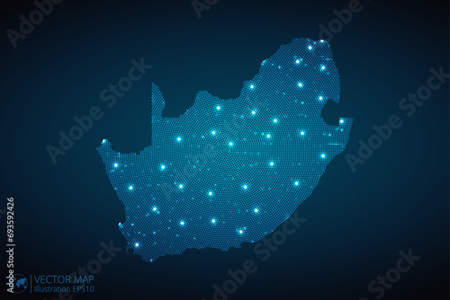 South Africa map radial dotted pattern in futuristic style, design blue circle glowing outline made of stars. concept of communication on dark blue background. Vector illustration EPS10