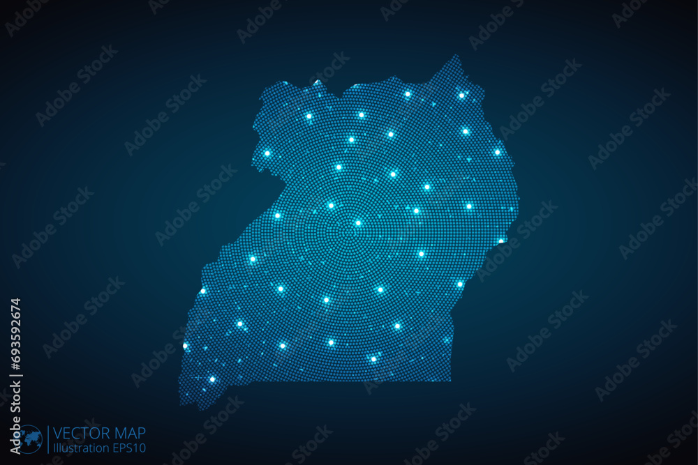 Uganda map radial dotted pattern in futuristic style, design blue circle glowing outline made of stars. concept of communication on dark blue background. Vector illustration EPS10
