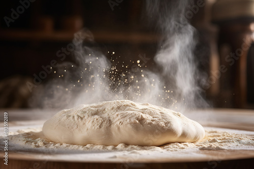 Closeup showing dough and fermentation process in a rustic setting. Concept bakery products photo