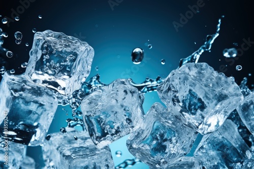 Illustration of various ice cubes, blue background. Generative AI