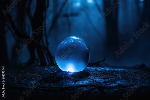 Crystal ball in a magical and gloomy forest with fog, fantasy concept. Generative AI