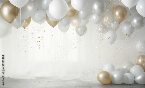 Event stage decorated with party balloons. Create your own celebration card with this light scene. Area to add your personalized text.. White and gold balloons. photo