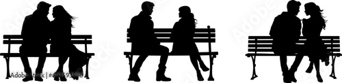 Different silhouettes of couples on benches.