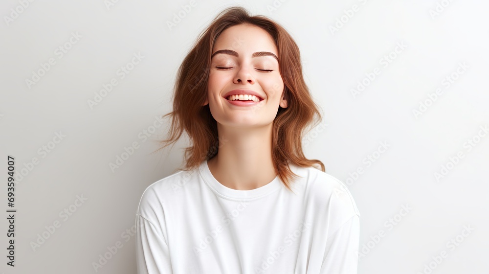 The girl is smiling and hopeful as she closes her eyes and crosses her fingers for good luck. as she stands on the white wall in a shirt and jeans, she makes wishes or prays. The girl is smiling and hopeful as she closes her eyes and crosses her fingers for good luck. as she stands on the white wall in a shirt and jeans, she makes wishes or prays.