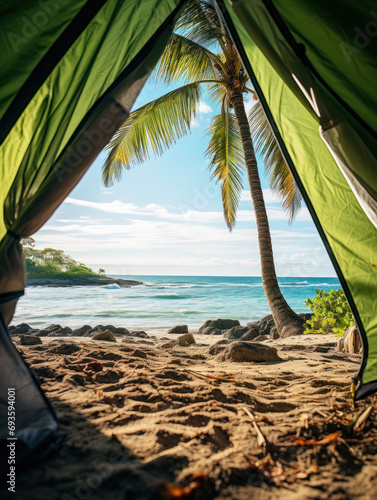 POV from a camping tent: scenic view of the the Tropical beach in La Romana, Dominican Republic photo