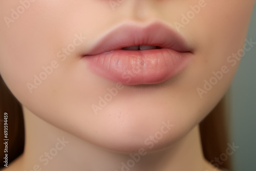Close-up of Natural Full Lips without Makeup on Neutral Background