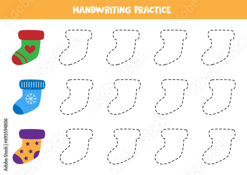 Tracing contours for kids. Cute cartoon socks. Handwriting practice.