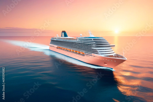Luxury cruise ship sailing to port on sunrise. Trending color concept of the year 2024 Peach Fuzz.