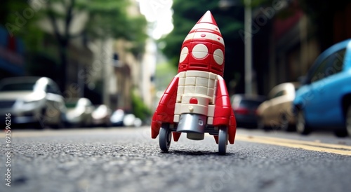Illustration of a toy rocket on the ground of a street, cars and a tree in the background, business and startup concept. Generative AI