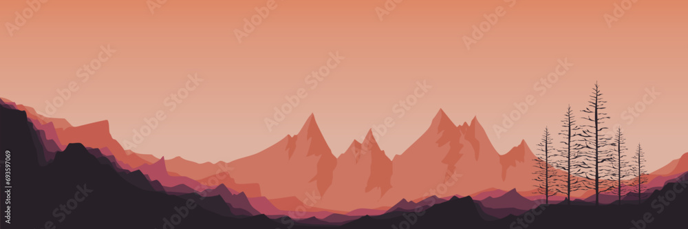 mountain view landscape with tree silhouettte flat design vector illustration good for wallpaper, background, backdrop, banner, and design template