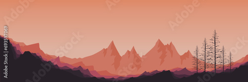 mountain view landscape with tree silhouettte flat design vector illustration good for wallpaper, background, backdrop, banner, and design template photo