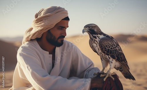 Closeup of Arab man training falcon in the desert © Collab Media