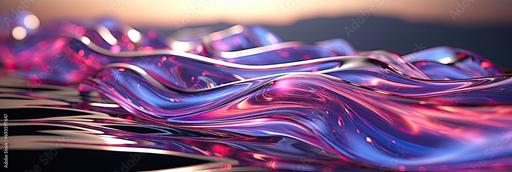 Holography Pearlescent gradient smooth, flowing fabric-like structures with a harmonious blend of pink, blue, and purple hues, creating a sense of soft movement, banner