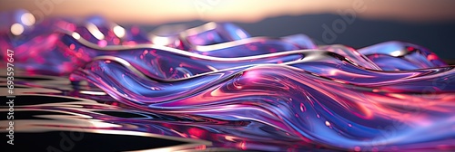 Holography Pearlescent gradient smooth, flowing fabric-like structures with a harmonious blend of pink, blue, and purple hues, creating a sense of soft movement, banner