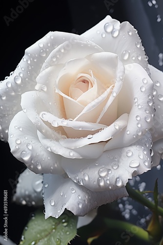 A white rose with water drops, black background. Generative AI