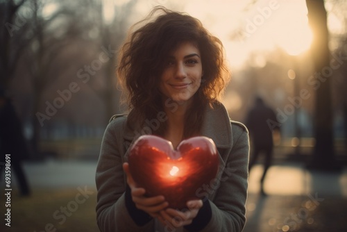 Woman holding a red heart in her hands in a park. Generative AI