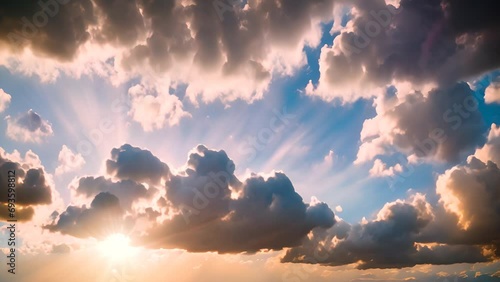 Cloudscape timelapse of sunset sky clouds with nice blue and yellow colors and sunlight through clouds. Beautiful clouds in the sky with sunbeam at sunset