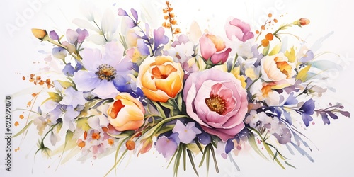 ilustração de um buquê de flores - varias cores de flores e folhas em um arranjo delicado - fundo branco 