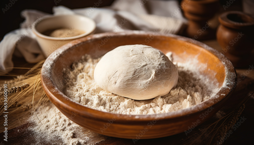 Closeup with traditional wooden bowl, an authentic and rustic charm of artisan bread making