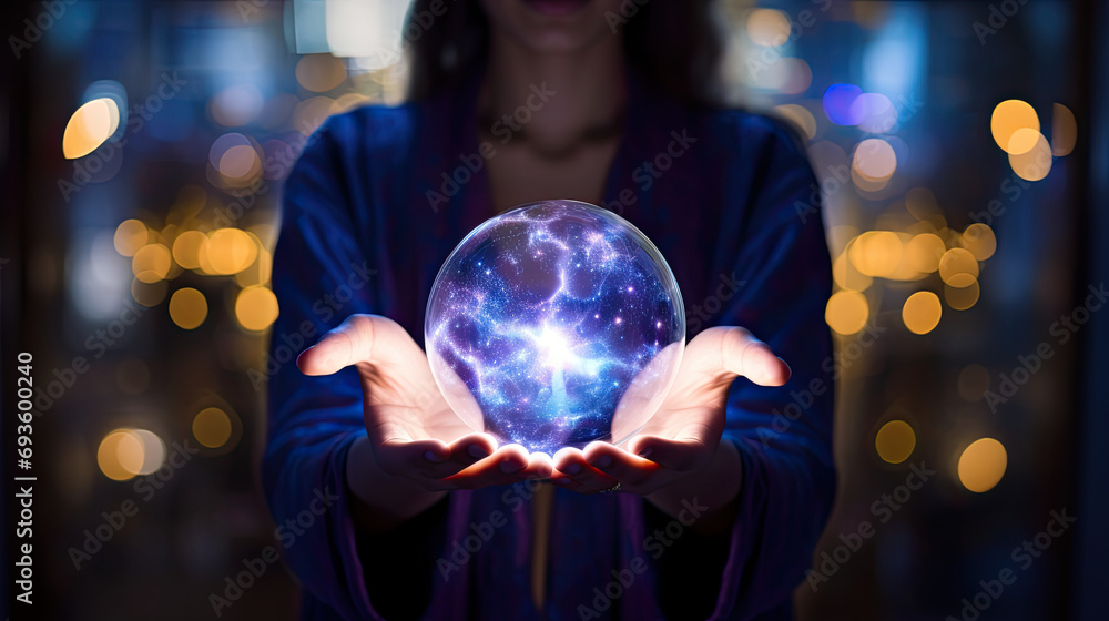 Fototapeta premium Illustration of a women casting magical sphere from her hands. Mystical illustration of etheral power.