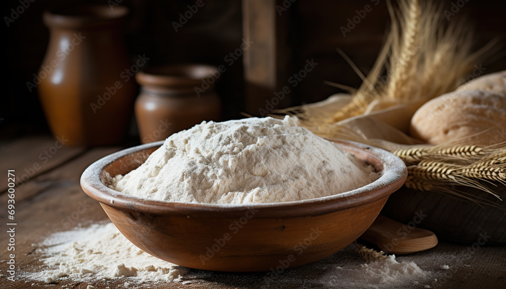 Authentic and rustic charm of artisan bread making in a wooden bowl and traditional setting Authentic and rustic charm of artisan bread making in a wooden bowl and traditional setting