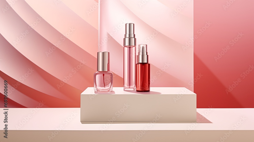 different tubes and bottles with cosmetic products on a light pink background, beautiful, mockup different tubes and bottles with cosmetic products on a light pink background, beautiful, mockup