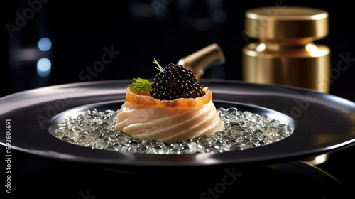Salmon red caviar and sturgeon black caviar dish severed in a steel plate in a luxurious restaurant. Generative AI