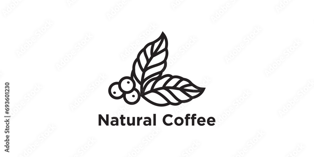 simple badge of coffee beans with beans and leaf branch natural line stamp vector logo icon design in hipster vintage modern style - obrazy, fototapety, plakaty 