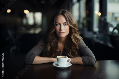 Beautiful woman works in cafe, middle aged successful businesswoman, looking at camera