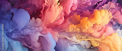 Image of morphing cloud formations in rich, saturated colors. The clouds is depicted as dynamic and fluid, constantly changing shape, with swirls and billows that suggest movement. The colors of the photo