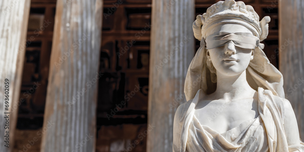 Illustration of blindfolded Lady Justice. Close up visage of a sculpture of justice, blindfold impartiality. Space for text on left. Generative AI and 3D	