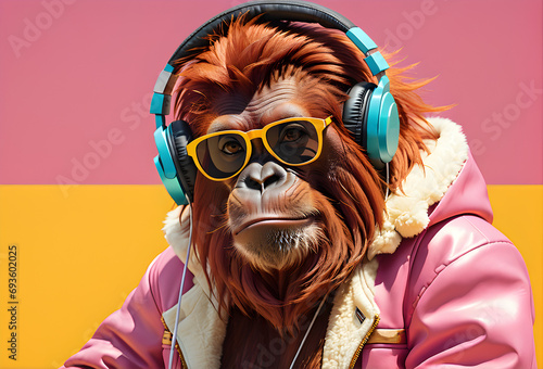 Orangután con cascos de música sobre fondo rosa y amarillo. Animal peludo con chaqueta rosa y gafas de sol. Animal sobre fondo con espacio de copia. Hecho con IA. photo