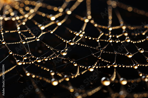 Intricate art of weaving spider webs. The web with dewdrops is detailed and symmetrical, with delicate threads intersecting in a complex, geometric pattern. The background is dark, with copy space. © zakiroff